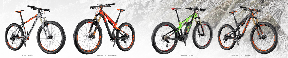 Die neu vorgestellten Bikes von links nach rechts: Scale Plus, Genius Plus, E-Genius Plus und Genius LT Plus Die neu vorgestellten Bikes von links nach rechts: Scale Plus, Genius Plus, E-Genius Plus und Genius LT Plus