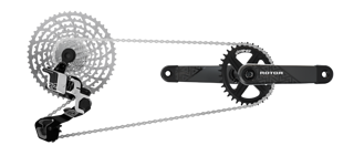 Rotor bietet verschiedene Komplettgruppen mit Kurbel und Innenlager an, hier zum Beispiel das 1x13 MTB Superlight Kit mit der Rotor Kapic Carbon Kurbel. Rotor bietet verschiedene Komplettgruppen mit Kurbel und Innenlager an, hier zum Beispiel das 1x13 MTB Superlight Kit mit der Rotor Kapic Carbon Kurbel.