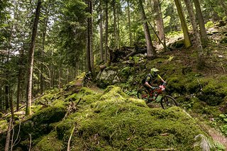 Abwechslungsreich sind die Trails hier oben. Von wilden Bikeparkstrecken, über ruppige Geröllfelder und lockeren Nadelwaldboden findet sich fast alles.