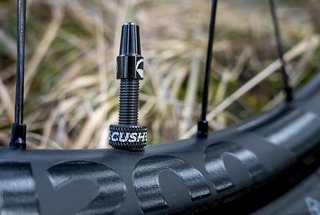 Im Hinterrad haben wir den leichten Cushcore XC montiert. Dieser reicht aus, dass der Reifen bei einem Platten auf der Felge bleibt. Auch lässt er sich dieser schnell demontieren, falls im Rennen mal was schief läuft.
