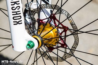 Schnellspanner, Nabe und Bremsscheibe im Weltmeister-Design. Schnellspanner, Nabe und Bremsscheibe im Weltmeister-Design.