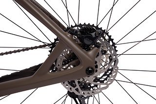 Auch wenn bei den Serienbikes nur Bremsscheiben mit 160 mm Durchmesser verbaut werden, bietet der Rahmen Platz für bis zu 203 mm große Scheiben.