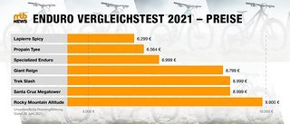 Mit einem Preis von rund 6.300 € ist das Lappiere Spicy das günstigere Enduro-Bike in unserem Vergleichstest Mit einem Preis von rund 6.300 € ist das Lappiere Spicy das günstigere Enduro-Bike in unserem Vergleichstest