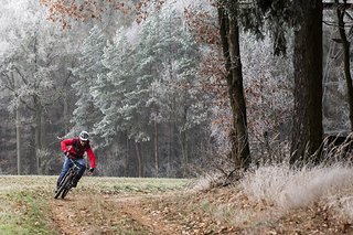 Am Waldrand sind die Bäume gefroren. Der Boden ist kalt und griffig. Max fährt sich warm. Am Waldrand sind die Bäume gefroren. Der Boden ist kalt und griffig. Max fährt sich warm.