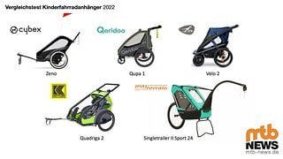 Unser Testfeld für den Fahrradanhänger-Vergleichstest 2022: fünf aktuelle Fahrradanhänger für 1 und 2 Kinder