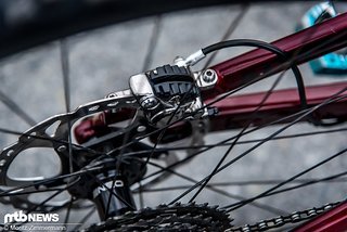 Die 2 Kolben der Shimano-Scheibenbremse und 180 mm kleine Bremsscheiben genügen Jesse Melamed zum Stoppen. Die 2 Kolben der Shimano-Scheibenbremse und 180 mm kleine Bremsscheiben genügen Jesse Melamed zum Stoppen.