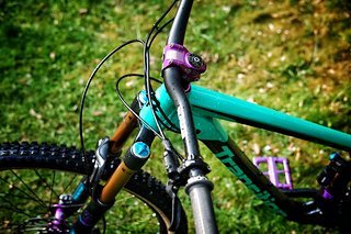 Ein schicker Enve DH High Riser Lenker und Ergon GD1 Slim Griffe komplettieren das Cockpit Ein schicker Enve DH High Riser Lenker und Ergon GD1 Slim Griffe komplettieren das Cockpit