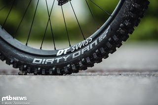 Ungelabelte DT Swiss-Felgen werden mit griffen Schwalbe Dirty Dan-Reifen am Heck kombiniert.