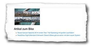 Gibt es einen oder mehrere Artikel zum entsprechenden Bike, stehen diese Informationen ganz unten.