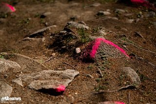 Trotz der intensiven Streckenpflege sind bereits zum Track Walk einige Gemeinheiten mit Sprühfarbe markiert worden Trotz der intensiven Streckenpflege sind bereits zum Track Walk einige Gemeinheiten mit Sprühfarbe markiert worden