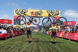 Kim LeCourt and Vera Looser win the 2023 Absa Cape Epic Mountain Bike stage race from Lourensford Wine Estate to Val da Vie  Estate, Paarl, South Africa on the 26th March 2023. Photo by Nick Muzik/Cape Epic
PLEASE ENSURE THE APPROPRIATE CREDIT IS GIV