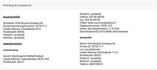 Im finnischen Schuldnerregister gibt es einen Eintrag zur Pole-Insolvenz.