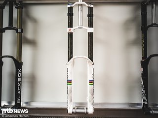 Blackbox, Blackbox! Diese ältere RockShox Boxxer entstammt ebenfalls dem Entwicklungs-Programm und verfügt in diesem Fall ebenfalls über das sündteure DLC-Finish.