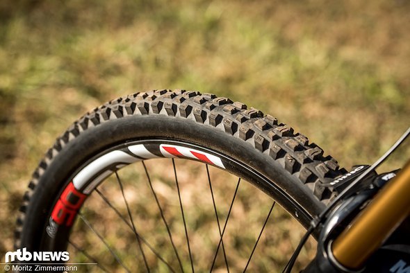 Während Greg Minnaar Maxxis Minion DHR II-Reifen montiert hat, greift Luca Shaw zum Signature-Modell von Greg Minnaar Während Greg Minnaar Maxxis Minion DHR II-Reifen montiert hat, greift Luca Shaw zum Signature-Modell von Greg Minnaar