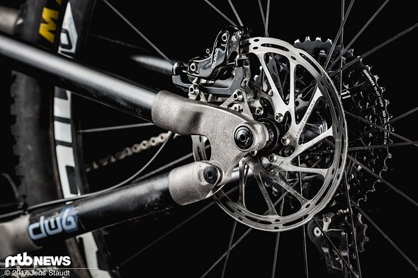 Die IS Bremsaufnahme am Testbike war sehr filigran, hielt aber anstandslos stand Die IS Bremsaufnahme am Testbike war sehr filigran, hielt aber anstandslos stand
