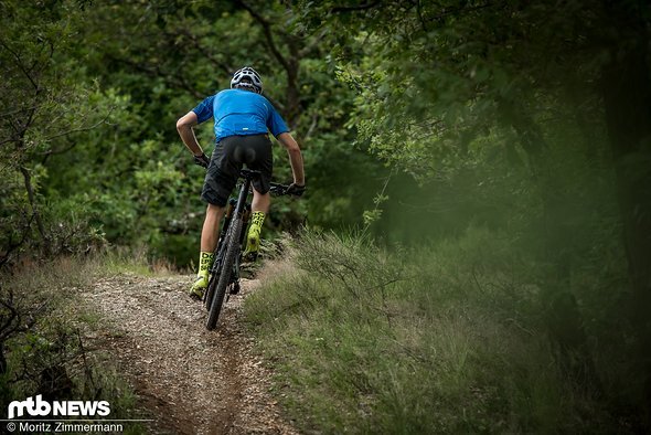 Im Wiegetritt an steilen Anstiegen sorgt die Mischung aus ruhigem Hinterbau und erstaunlich griffigen Maxxis Aspen TR-Reifen für guten Grip am Hinterrad. Im Wiegetritt an steilen Anstiegen sorgt die Mischung aus ruhigem Hinterbau und erstaunlich griffigen Maxxis Aspen TR-Reifen für guten Grip am Hinterrad.