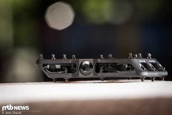 10 Pins pro Seite sollen sicheren Halt auf dem Pedal geben. Durch die übliche Bauweise für Nylon-Pedale mit Pin und Kontermutter dürfte der Pin-Austausch unproblematisch sein 10 Pins pro Seite sollen sicheren Halt auf dem Pedal geben. Durch die übliche Bauweise für Nylon-Pedale mit Pin und Kontermutter dürfte der Pin-Austausch unproblematisch sein
