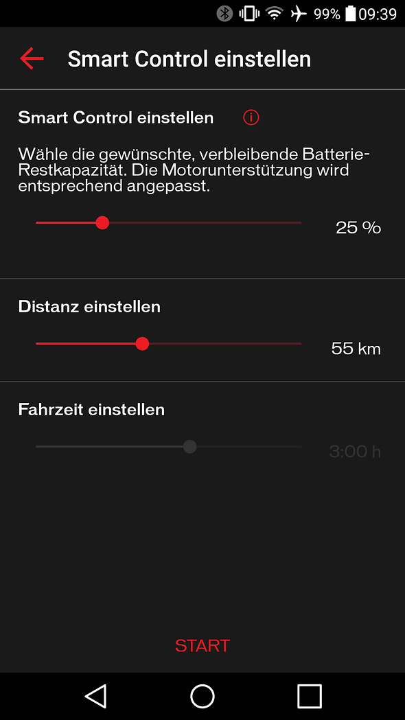 Anstatt einfach nur in einem der drei Modi zu fahren, kann man auch einstellen wie weit man fahren und wie viel Restkapazität man nach der Tour noch haben möchte. Anstatt einfach nur in einem der drei Modi zu fahren, kann man auch einstellen wie weit man fahren und wie viel Restkapazität man nach der Tour noch haben möchte.
