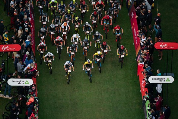 The lead bunch starts stage 5 of the 2019 Absa Cape Epic Mountain Bike stage race held from Oak Valley Estate in Elgin to the University of Stellenbosch Sports Fields in Stellenbosch, South Africa on the 22nd March 2019.

Photo by Greg Beadle/Cape 