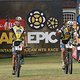 Overall race leaders Urs Huber and Karl Platt of the Bulls celebrate finishing in third place during stage 6 of the 2016 Absa Cape Epic Mountain Bike stage race from Boschendal in Stellenbosch, South Africa on the 19th March 2015

Photo by Shaun Ro