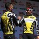 Overall Race Leaders Manuel Fumic &amp; Henrique Avancini of Cannonade Factory Racing XC celebrate after receiving their yellow jerseys during the Prologue of the 2017 Absa Cape Epic Mountain Bike stage race held at Meerendal Wine Estate in Durbanville, 