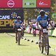 Masters leaders Joaquim Rodriguez (back) and Jose Hermida (front) of Merida Factory Racing finish stage 4 of the 2019 Absa Cape Epic Mountain Bike stage race from Oak Valley Estate in Elgin, South Africa on the 21st March 2019.

Photo by Shaun Roy/
