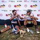 Lars Forster and Nino Schurter of SCOTT SRAM celebrate regaining the yellow jersey during stage 5 of the 2019 Absa Cape Epic Mountain Bike stage race held from Oak Valley Estate in Elgin to the University of Stellenbosch Sports Fields in Stellenbosch