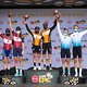 Das Podium der Damen nach dem Prolog in Kapstadt: 91-Songo-Specialized&#039;s trägt das erste orangefarbene Führungstrikot. Dahinter folgten die Teams Faces CST und Salusmed auf Position zwei und drei