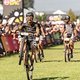 Martin Frey from team BULLS Youngsters wheelies across the finish line during the final stage (stage 7) of the 2019 Absa Cape Epic Mountain Bike stage race from the University of Stellenbosch Sports Fields in Stellenbosch to Val de Vie Estate in Paar