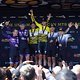 The mens overall podium(L-R) ORBEA x Leatt x Speed Company, Toyota-Specialized-NinetyOne and Scott-SRAM MTB Racing during stage 7 of the 2023 Absa Cape Epic Mountain Bike stage race from Lourensford Wine Estate to Val da Vie  Estate, Paarl, South Afr