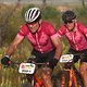 Former South African rugby player Joel Stransky and Darren Gallias ABSA LumoHawks during stage 2 of the 2019 Absa Cape Epic Mountain Bike stage race from Hermanus High School in Hermanus to Oak Valley Estate in Elgin, South Africa on the 19th March 2