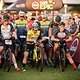 Nino Schurter from team Scott-SRAM MTB-Racing and Jaroslav Kulhavy and Sam Gaze from team InvestecsongoSpecialized  at the start of  stage 2 of the 2019 Absa Cape Epic Mountain Bike stage race from Hermanus High School in Hermanus to Oak Valley Estat