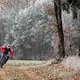 Am Waldrand sind die Bäume gefroren. Der Boden ist kalt und griffig. Max fährt sich warm.