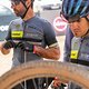 Riders wait for a repair to chainring and chain replacement  during stage 4 of the 2022 Absa Cape Epic Mountain Bike stage race from Elandskloof in Greyton to Elandskloof in Greyton, South Africa on the 24th March 2022. © Dom Barnardt / Cape Epic