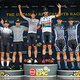 The mens podium (L-R) Scott-SRAM MTB Racing, Toyota-Specialized-NinetyOne and Bulls Mavericks during stage 6 of the 2023 Absa Cape Epic Mountain Bike stage race from Lourensford Wine Estate to Lourensford Wine Estate, Somerset West, South Africa on t