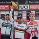 Stephane Tempier, Nino Schurter, Mathieu Van Der Poel stand on the podium at UCI XCO World Cup in Albstadt, Germany on May 20th, 2018