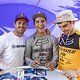 Loic Bruni, Brook MacDonald and Finn Iles are seen during athlete signing at Crankworx in Rotorua, New Zealand on March 21, 2019
