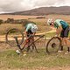 A Team working together to swap out a tube during stage 1 of the 2019 Absa Cape Epic Mountain Bike stage race held from Hermanus High School in Hermanus, South Africa on the 18th March 2019.

Photo by Xavier Briel/Cape Epic

PLEASE ENSURE THE APP