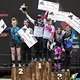 Tracey Hannah, Kate Weatherley, Tahnée Seagrave, Brook MacDonald, Finn Iles and George Branniganon  on the podium after the  Downhill race at Crankworx in Rotorua, New Zealand on March 22, 2019